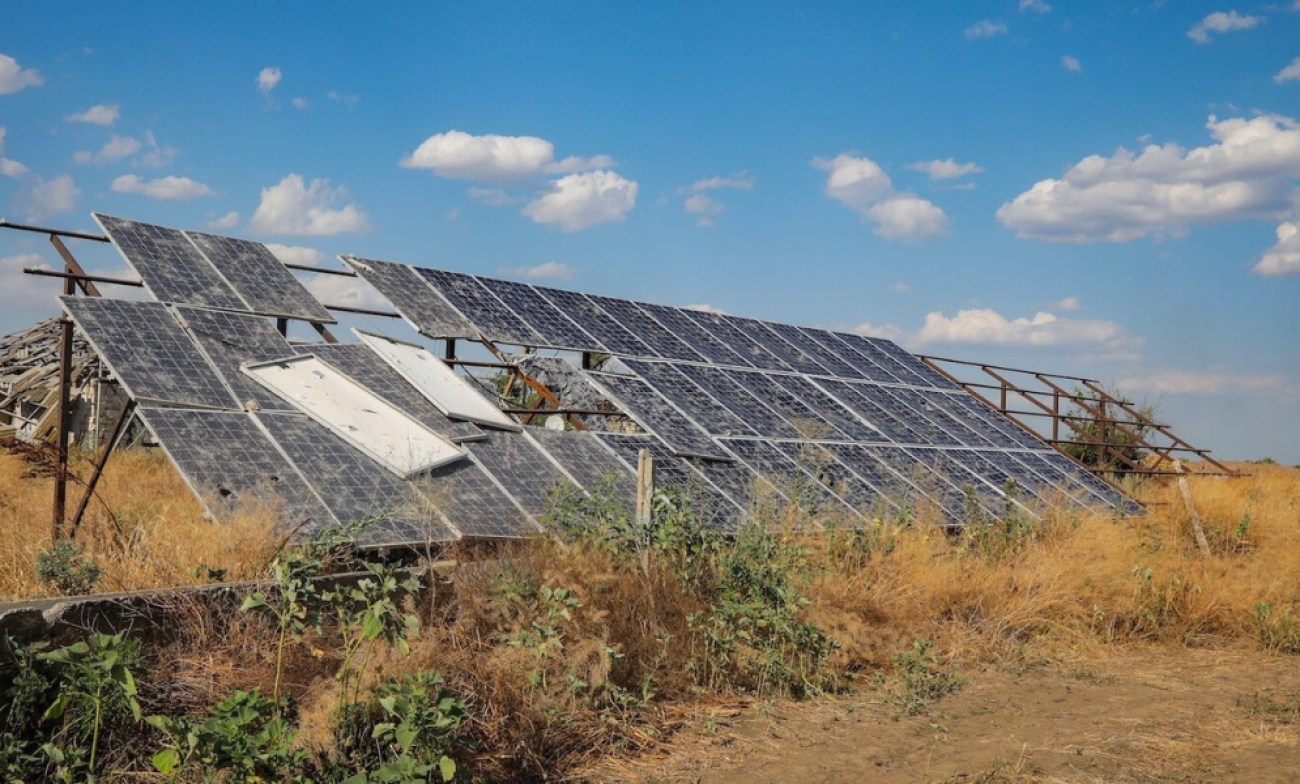 War-damaged solar panels in Blahodatne village, Ukraine